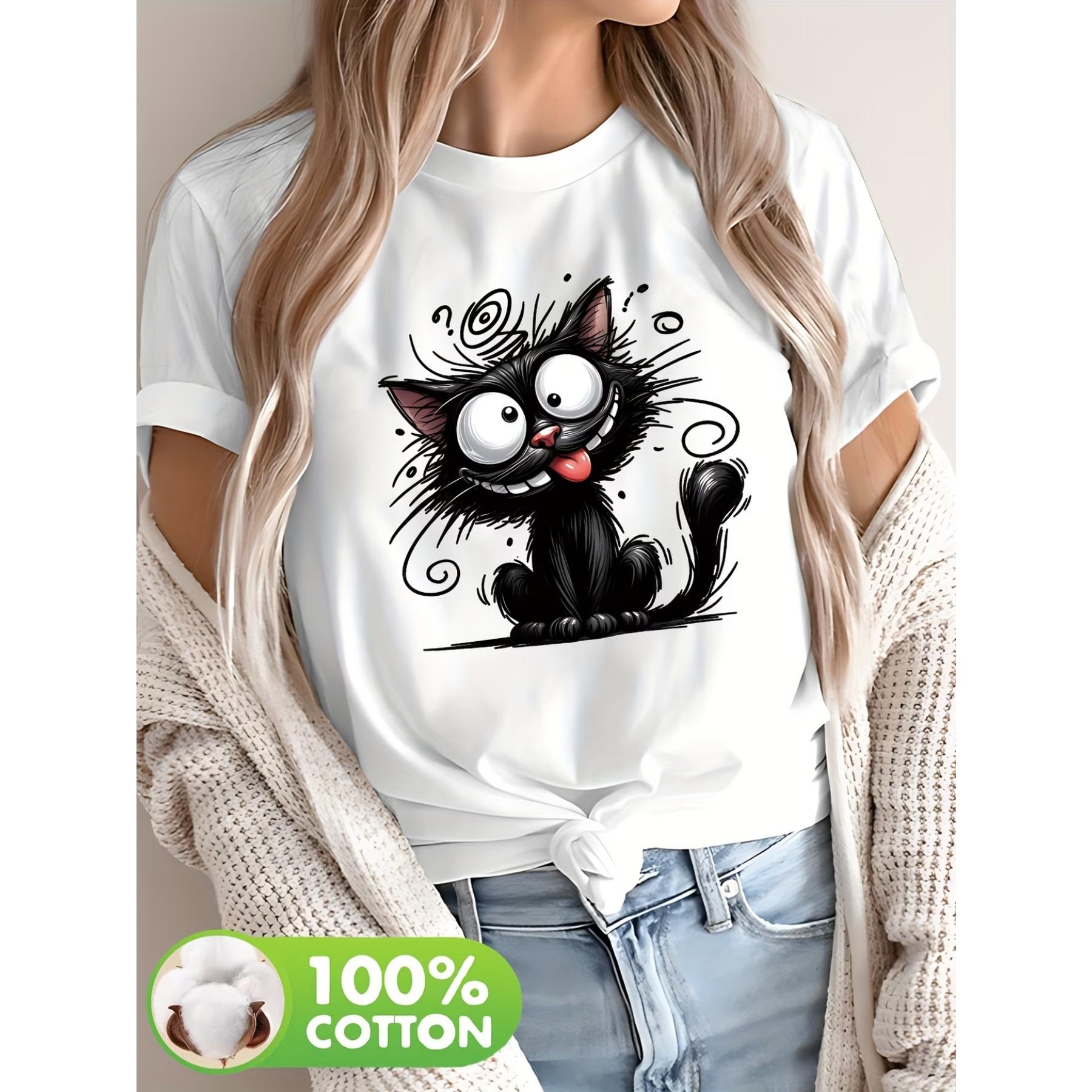 

Женская повседневная футболка с коротким рукавом и игривым мультяшным рисунком кота - Мягкая дышащая футболка для весны и лета S белый