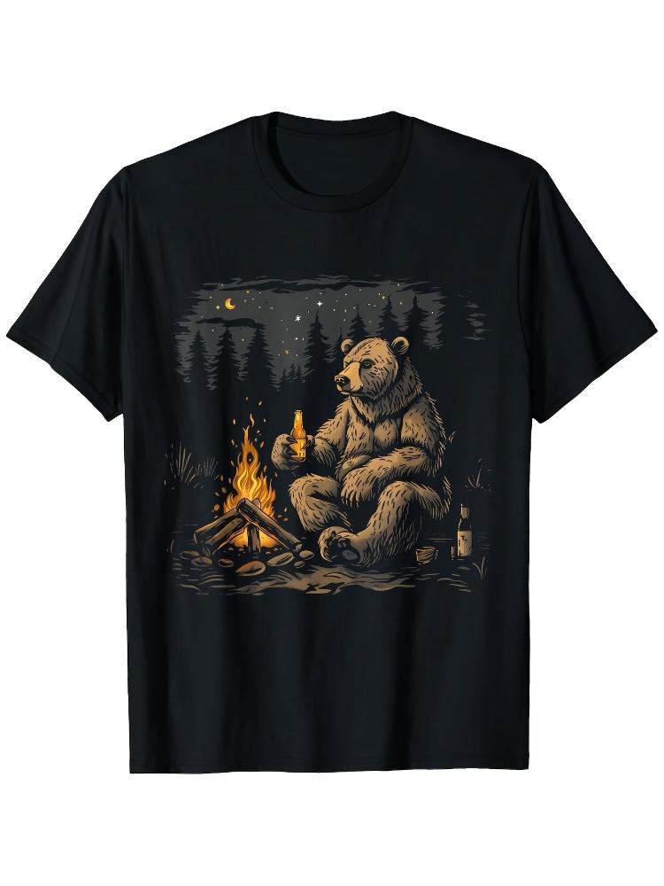 Bear Camping Fire Beer Night Stars T-shirt