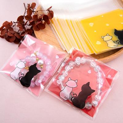50 Stück Kekstüten Selbstklebende Beutel Rosa Katzenpaar Kekse Süßigkeiten Schmuck Geschenkverpackung Plastiktüte