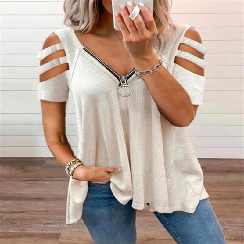 BITCED Women's Fashion Casual Solid Color Print Short Sleeve V Neck Blouses & Shirts