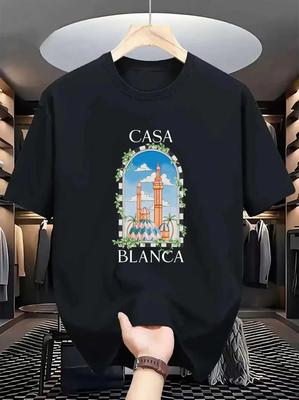 Vintage Koszulka Casablanca Graficzna z Architekturą Streetwear Męska Krótki Rękaw Letnia Hip Hop Casual Luźna Koszulka Odzież