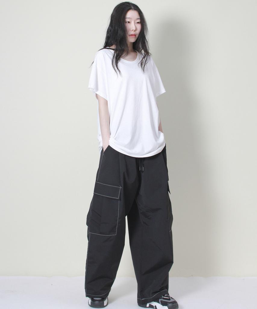 Deumakeu Real Street Wide Contrast Stitch Cargo Track Pants Black