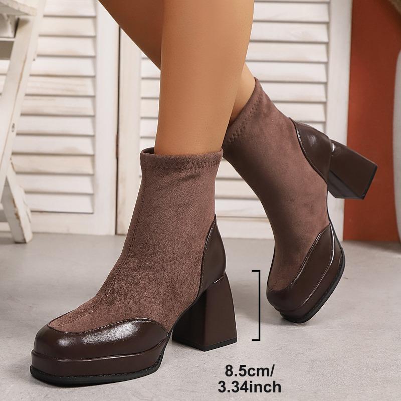 Fashion High Heels Women's Block Heel Booties 2025 New Autumn and Winter Plus Fleece Platform Stretch Skinny Boots Black