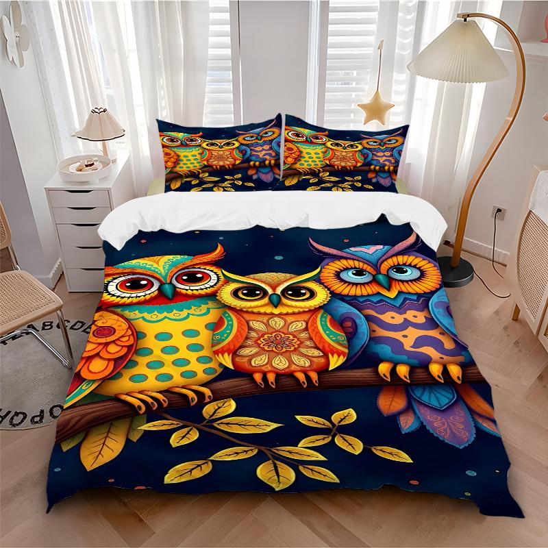 3pcs Colorful Owl Artwork Duvet Cover Set -Includes 1 Duvet Cover and 2 Pillowcases, No Quilt Core, All-Season Home Decor Yy251111195