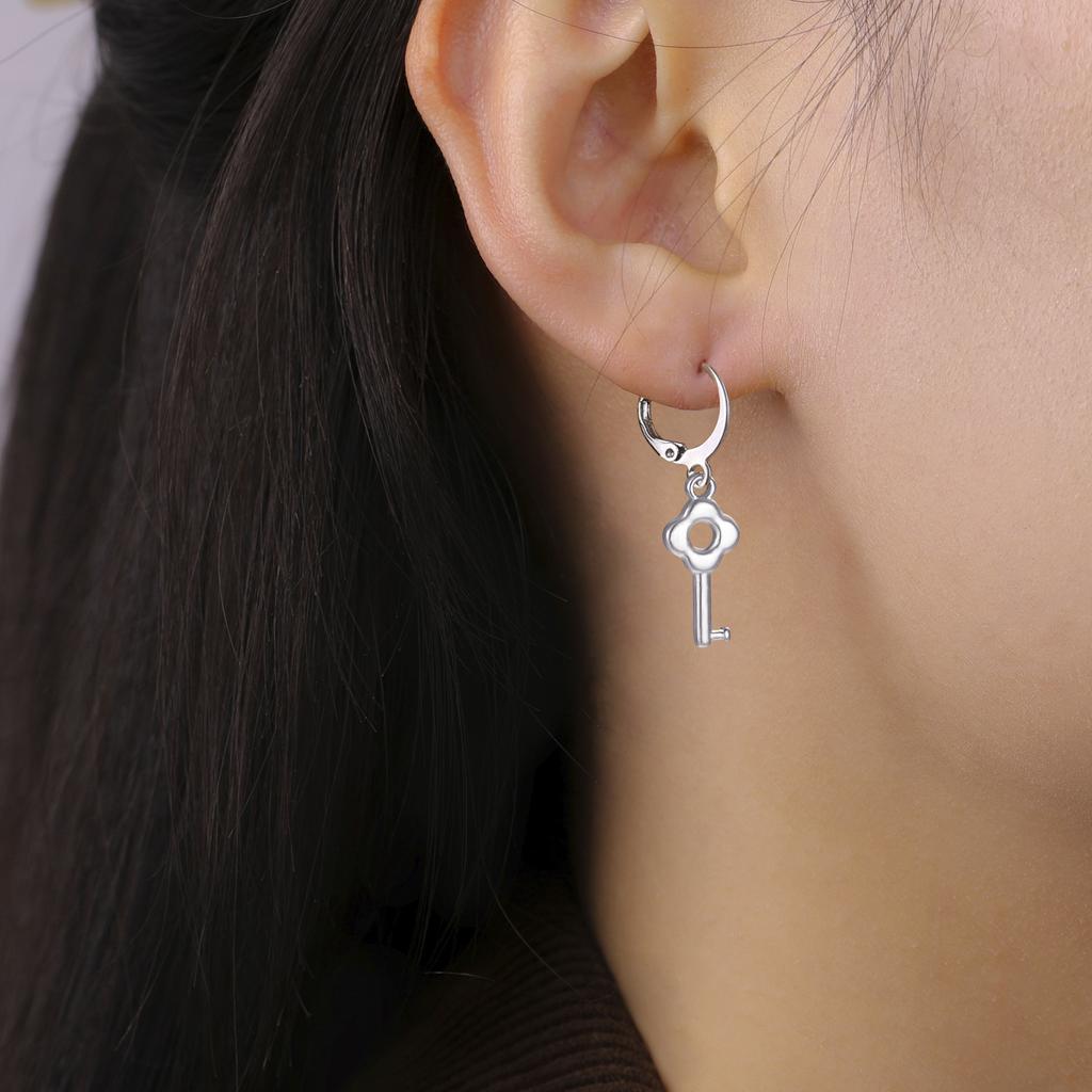 Teamer Flower Key Dangle Earrings For Women Girls Stainless Steel Hoop Earrings Delicate Gentle Sweet Style Zircon Trinket Gift
