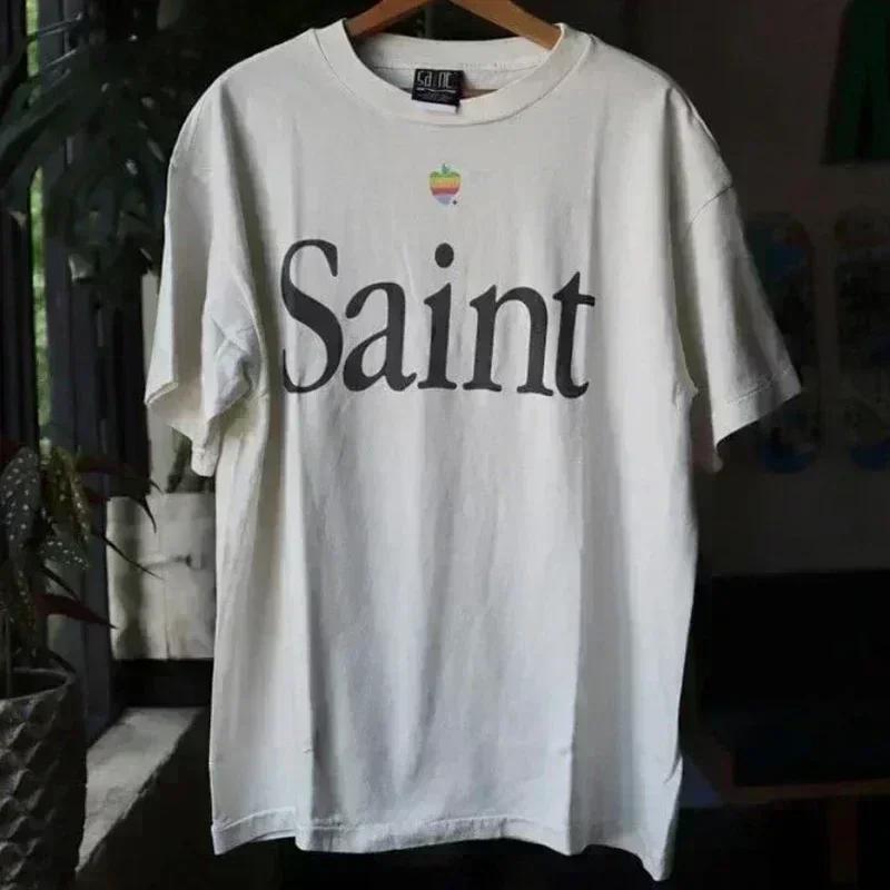 2025 Summer High Quality Cotton Classic Logo Graphics Print Saint Tshirt Unisex Unisex Vintage Washed Black T Shirt Loose Tee