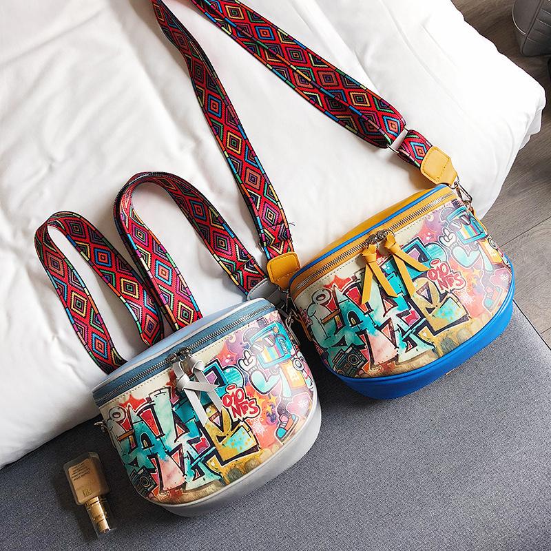 Fashion Hiphop Cartoon Street Style Graffiti PU Leather Messenger Bag Female Travel Women Shoulder Bags Crossbody Bag Ladies Handbag
