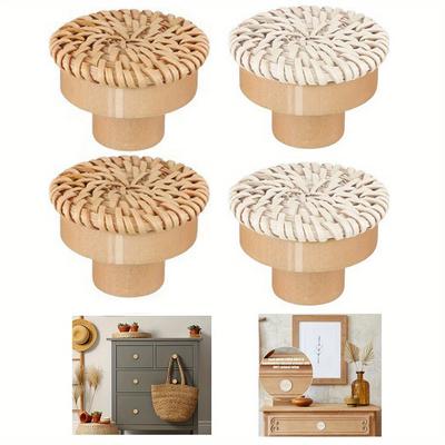 4 Stück Retro Rattan Geflochtene Kommodengriffe, Handgeflochtene Weidenkorb-Ziehgriffe Mit Schrauben Für Schränke, Schubladen