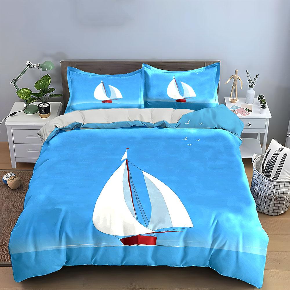 Sailboat Decor Set - Nautical Theme Soft Comfortable Duvet Cover Bedding Set Included 1*Duvet Cover & 2*Pillowcases, Gift
