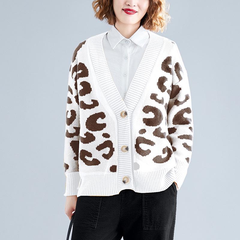 Leopard Print V-Neck Loose Knit Cardigan for Women - Autumn/Winter Korean Style