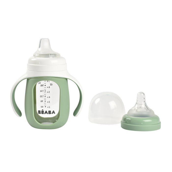 Biberon d'apprentissage en verre 2 en 1 - 210ml Vert sauge