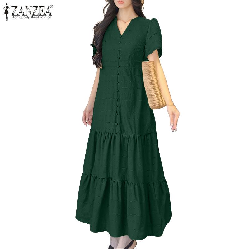 ZANZEA Women Elegant Embroidery Crochet Patchwork Short Sleeve Long Dress