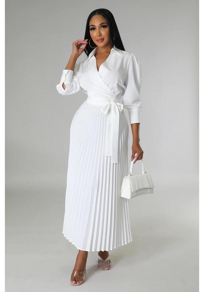 Cross-Border Europe Spring Long Sleeve Polo Collar High Waist Pleated Women's Casual Dress