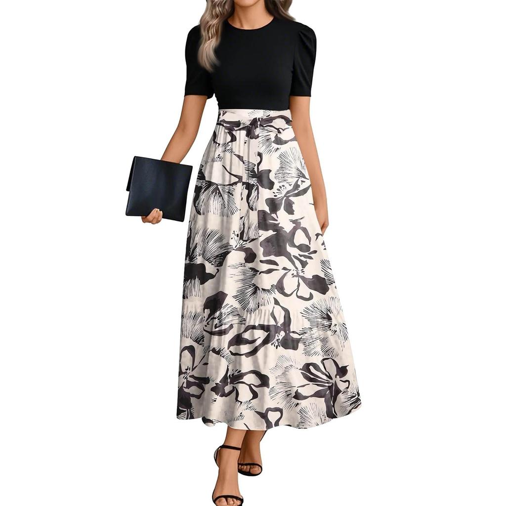 Women's Floral Print High Waist Fashionable And Elegant Dress