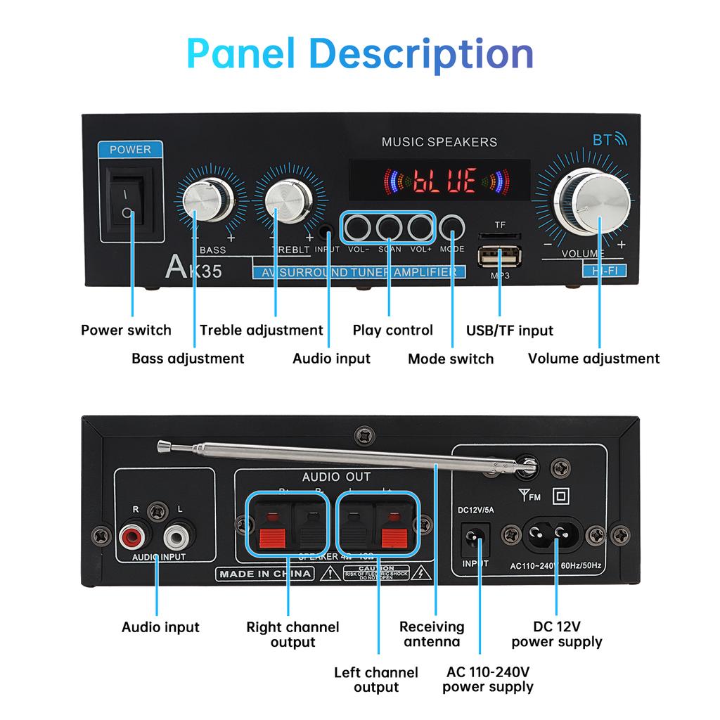 Bass & Treble Control Audio Power Amplifier,AK35 2 Channel Stereo Power Digital Audio Power Amplifier for Car / Home with USB/SD AUX Input