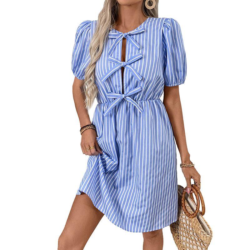 Summer New European and American Romantic Retro Striped Dress round Bow Tie Lace-up Dress