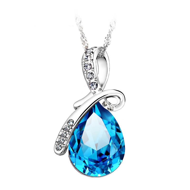 Angel Tear Silver Necklace with Blue Crystal Pendant