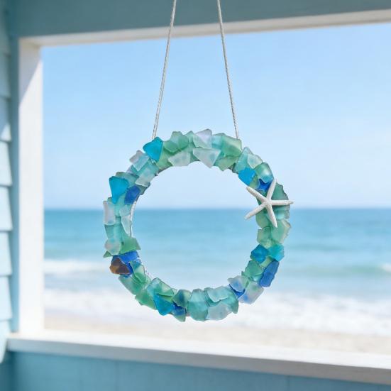 Sea Glass Wreath Handmade Coastal Style Christmas Ornament for Front Door Window Kitchen Cabinet Chair Wall Home Decor
