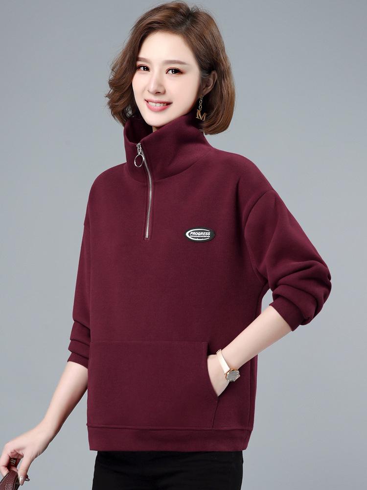 Women's Plus Velvet Thickened Half-Zip Pullover - 2023 Autumn/Winter Fashionable Loose Stand-Up Collar Sweatshirt
