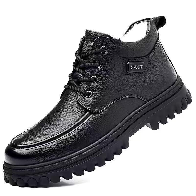

Winter new men s cotton shoes high-top velvet warm thick-soled snow boots outdoor casual non-slip leather shoes 44 чёрный
