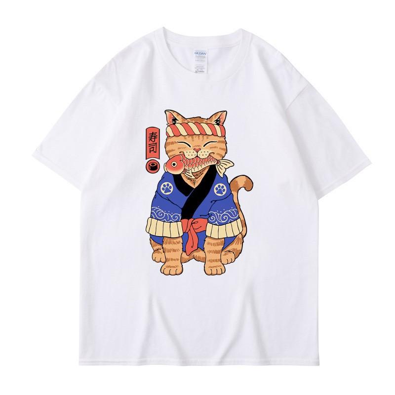 Japanese Harajuku Samurai Sword Cat T-Shirt Men Women Casual Tee Clothes Cotton Summer Tops Breathable T-Shirts