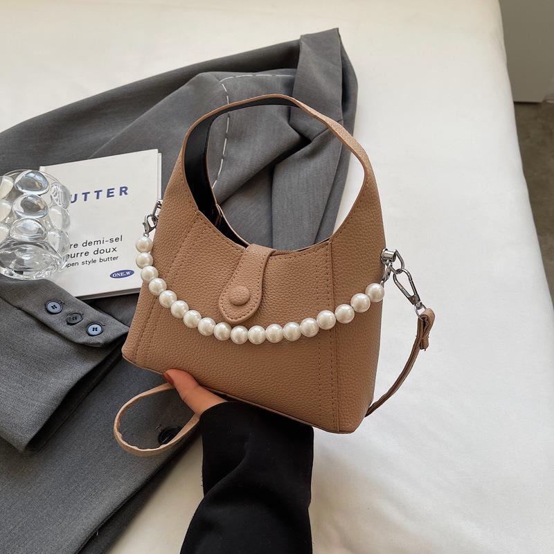 Fashion Simple Solid Color Pearl Chain Women Handbag  Summer Commuting Textured Female Underarm Bag Korean Crossbody Bags