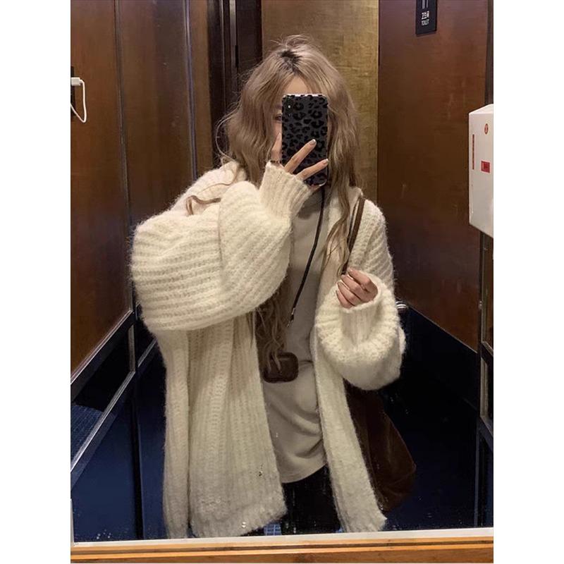 Fashion Loose Cardigan Knitted Hooded Women Sweater Solid Color Casual Coats Lantern Long Sleeves Office Large Knit Jacket Top Clothing