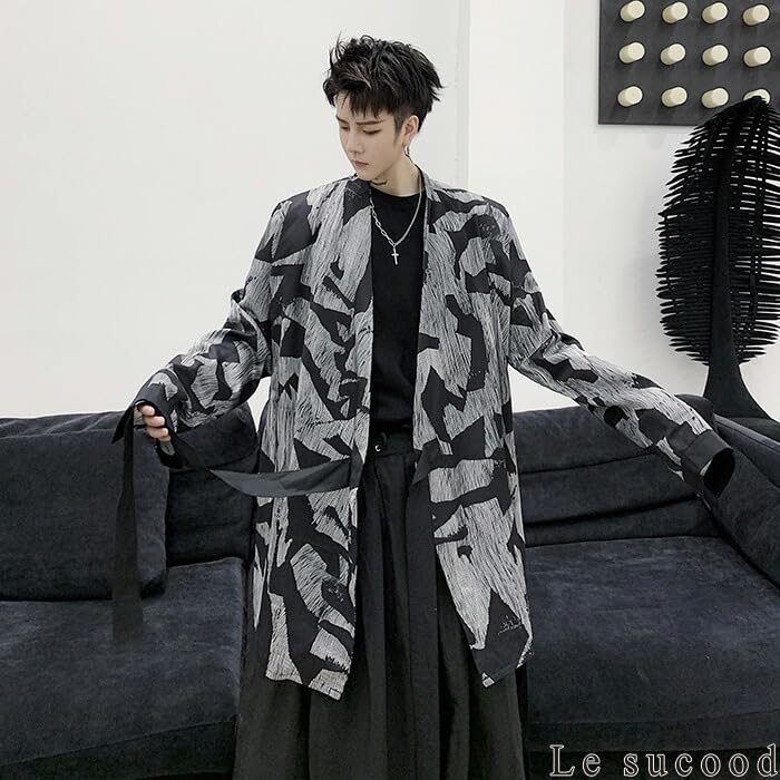 Le Sucood Monochrome Mosaic Japanese Style Shirt Long Long Shirt Loose Casual Japanese Long Street Mode Harajuku Blue Letter Style Cardigan, Shirt,