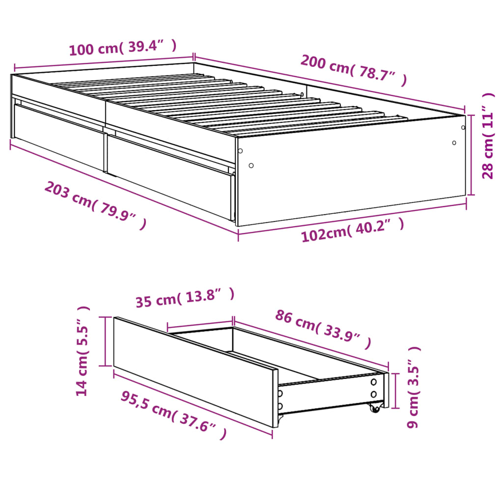 Bed Frame with Drawers Grey Sonoma 100x200 Cm Particleboard