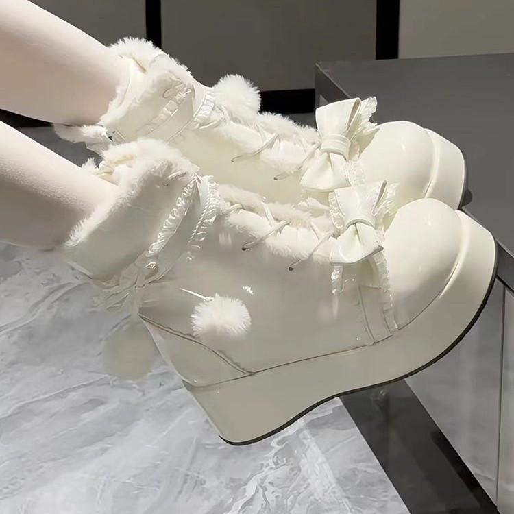 Sweet Winter Girls Lolita Mid-Calf Snow Boots Cute Female Students Plush Warm Bowknots Lace Up Wedge Heel Heightening Shoes