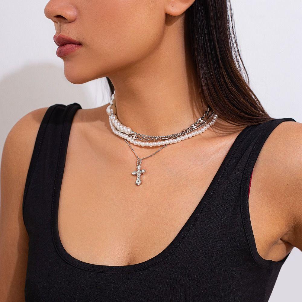 Cross Exaggerated Pearl Neckchain Elegant Women's Clavicle Chain  Jewelry Gift