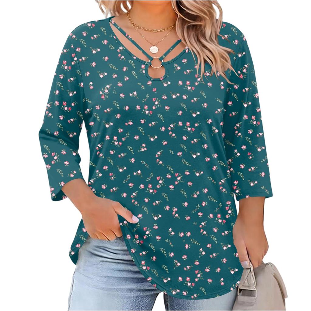 Women's Floral Print Three-Quarter Sleeve Top, Plus Size Casual Blouse
