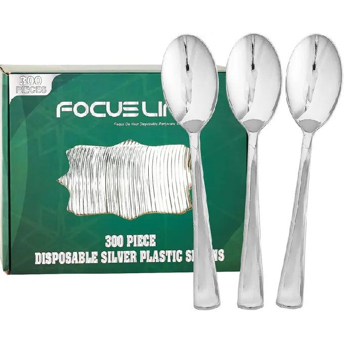 300 Pack 6.8  Disposable Silver Plastic Spoons, Durable Heavy Duty Utensils for Catering Parties Weddings