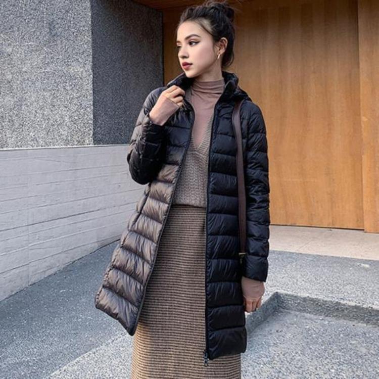Women Plus Size Winter Down Coat Slim Fit Mid Length Hooded Windproof Warm Padded Long Sleeves Solid Color Zipper Closure