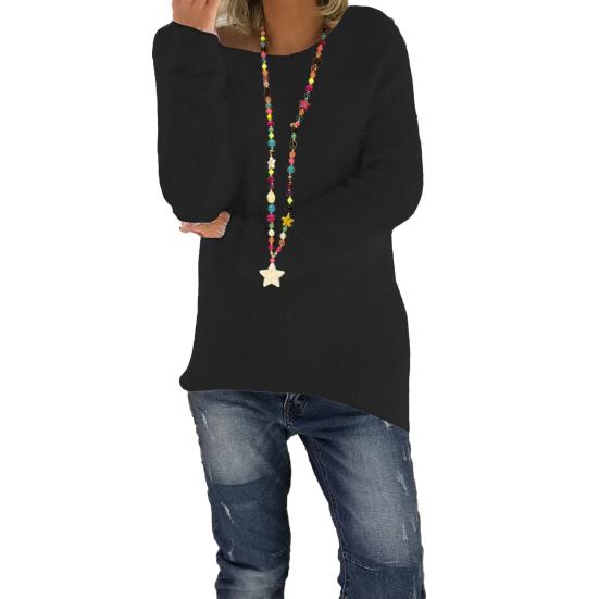 

Women Sweater Tops Round Neck Long Sleeve Loose Fit Knitting Tops Solid Color Elastic Breathable Knitwear 3XL чёрный