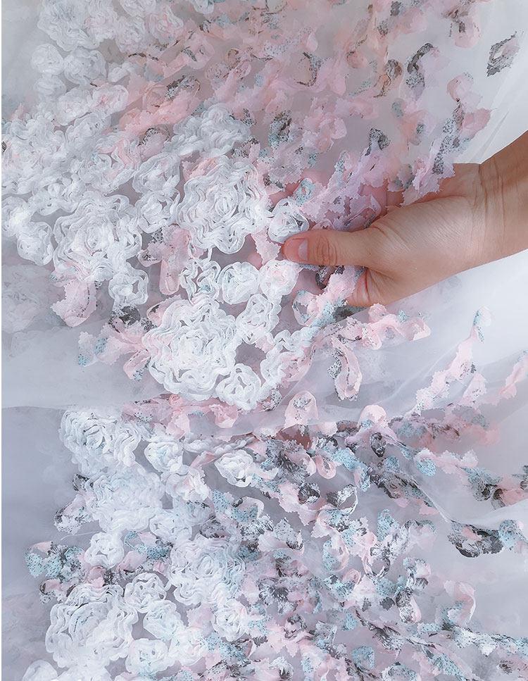 Children's 3D Flower Embroidered Organza Fabric In Stock