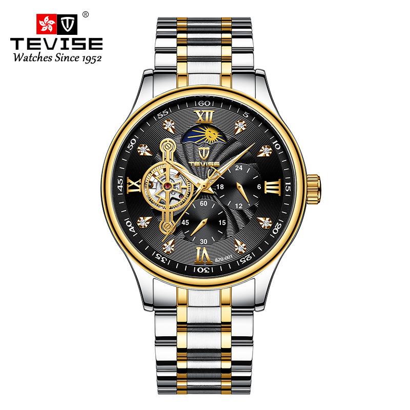 Men Automatic Mechanical Watch Skeleton Sun Moon Phase Chronograph Diamond Steel Wristwatch чёрный/золотой