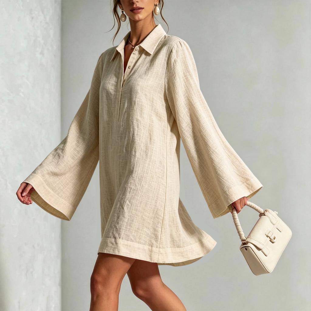 Women's Casual Color Loose Fit Long Sleeve Dress with Lapel Collar and Flared Sleeves