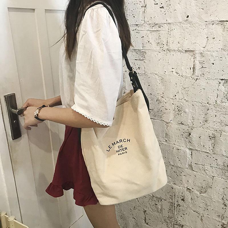 Korean Style Simple Canvas Bucket Bag Synthetic Leather Adjustable Straps Sling Bag For Women Simple Studen Christmas Gift