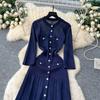 French gentle wind niche heavy industry hollowed crochet knitted dress women's autumn metal buckle waist split long dress
