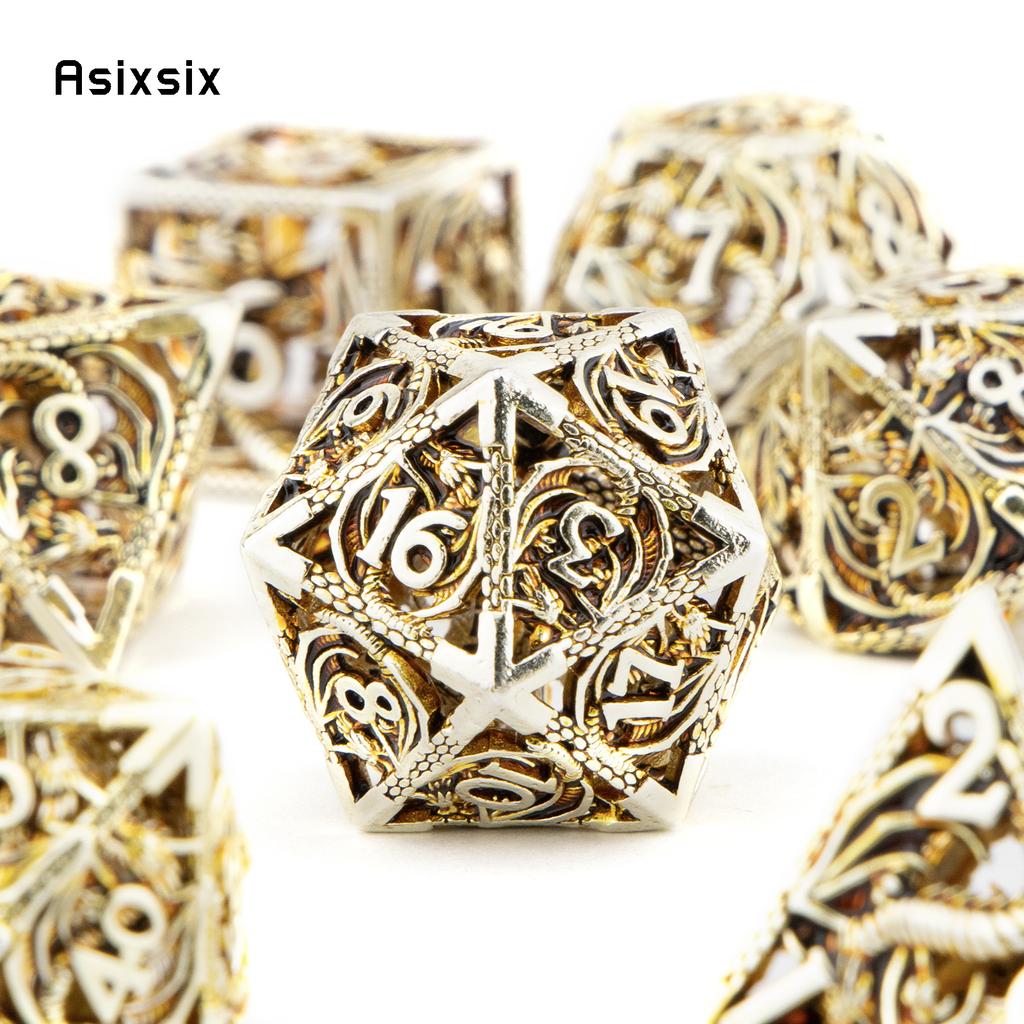 7-teiliges hellgoldenes Drache-Metallwürfel-Drachen-Hohlmetall-Polyeder-Würfelset, geeignet für Rollenspiele, RPG-Brettspiele, Kartenspiele