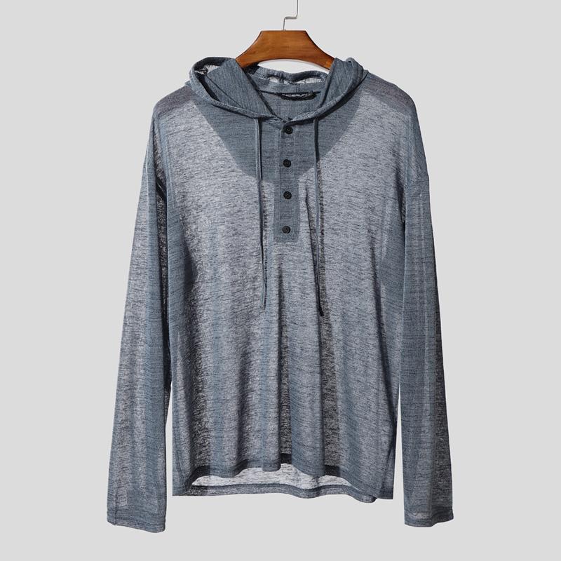 INCERUN Oversized Men Long Sleeve Transparent Loose Drawstring Hooded Tops T-shirts