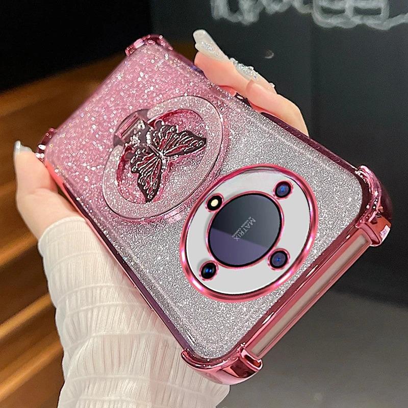 Magic 5 Lite Třpytivý Motýl Stojan Pokovování Silikonové Pouzdro Pro Huawei Honor Magic 6 5 7 Magic6 Lite Nárazuvzdorný Kryt Magic6Lite