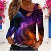 Women Plus Size Asymmetric Cutout Neck Cold Shoulder Long Sleeve Galaxy Printed Fitted Top