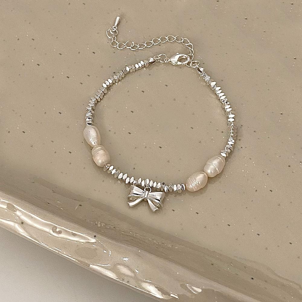 Fairy Style Minimalist Pearl Bow Necklace – Women's High-End Silver Choker