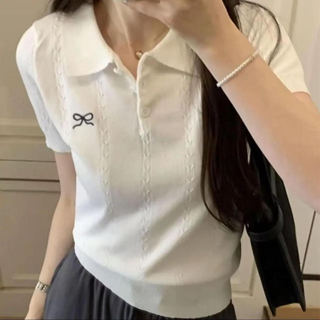 Women's Ice Silk Turn-Down Collar Top with Bow Detail