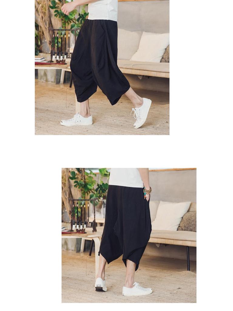 2018 Summer Men's Cotton Linen Casual Pants, Nine-Point Style, Plus Size, Low Drop Crotch