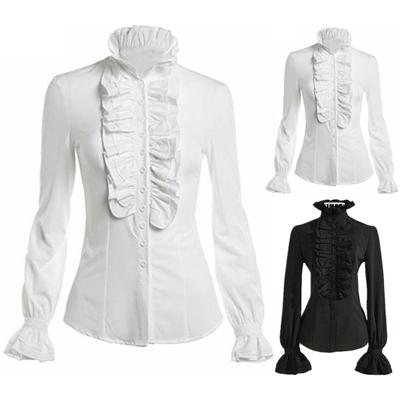 Women Tops Retro Ruffle Slim Fit Breathable Comfortable Long Sleeve Solid Colour Fashionable Blouse