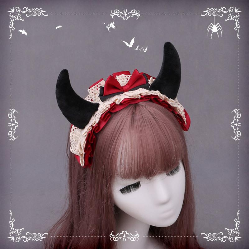 Little Devil Horns Lace Ribbon Headband Anime Cosplay Lolita Props Halloween Arnival Party Costume Women Accessories No Wig