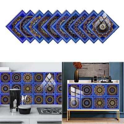10 Stück DIY blaue Mandala-Wandaufkleber, Nachahmung von Ziegelsteinen, Schlafzimmer-Dekoration, wasserdicht, selbstklebende Fliesen-Tapete, Küchenschrank-Dekor